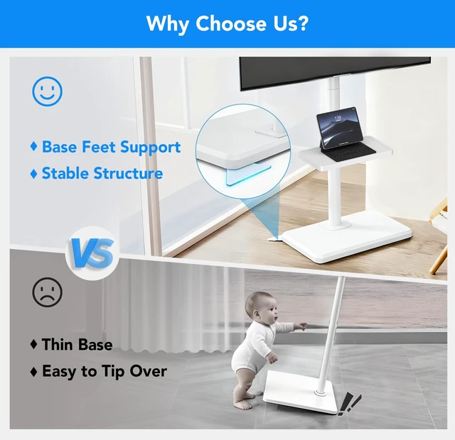 Alt view image 3 of 7 - Floor TV Stand with Mount for 26-60 inch TVs up to 77 lbs, Height Adjustable Swivel Tilt TV Stand with Wood Base & Shelf, Saving Space Design for Bedroom, Living Room and Corner, White