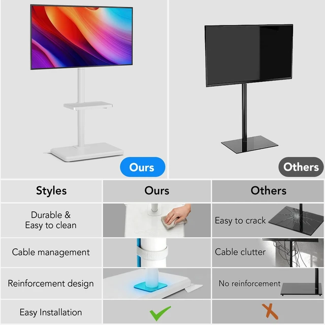 Alt view image 5 of 7 - Floor TV Stand with Mount for 26-60 inch TVs up to 77 lbs, Height Adjustable Swivel Tilt TV Stand with Wood Base & Shelf, Saving Space Design for Bedroom, Living Room and Corner, White