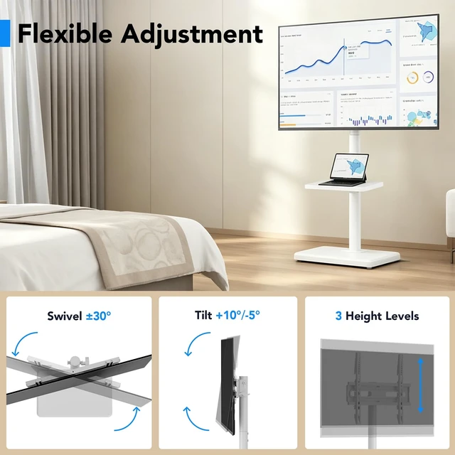 Alt view image 2 of 7 - Floor TV Stand with Mount for 26-60 inch TVs up to 77 lbs, Height Adjustable Swivel Tilt TV Stand with Wood Base & Shelf, Saving Space Design for Bedroom, Living Room and Corner, White