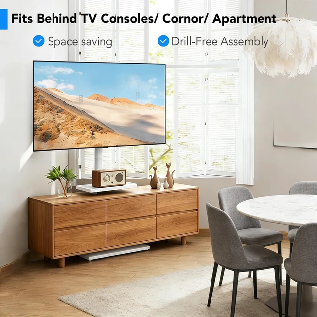 Alt view image 7 of 7 - Floor TV Stand with Mount for 26-60 inch TVs up to 77 lbs, Height Adjustable Swivel Tilt TV Stand with Wood Base & Shelf, Saving Space Design for Bedroom, Living Room and Corner, White