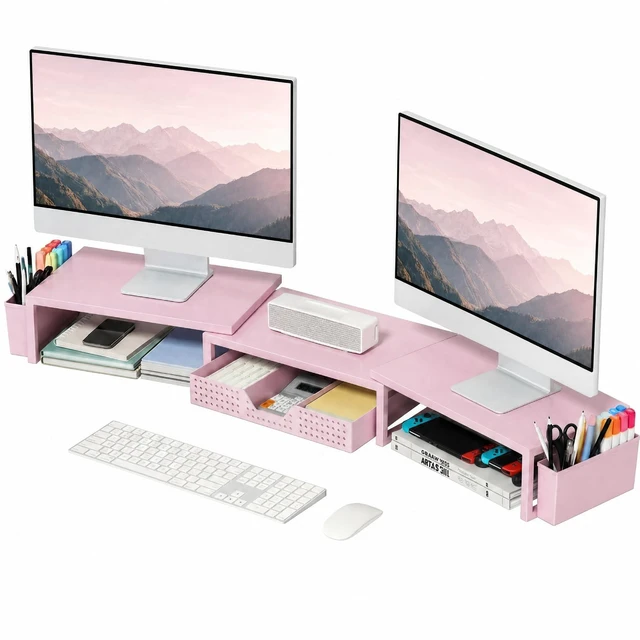 Main image of Desk Organizers and Accessories, Dual Monitor Stand Riser with Drawer and 2 Pen Holders, Desk Shelf Computer Racks & Printer Stand for Office Workspace Organizers, Desktop Organization (Pink)