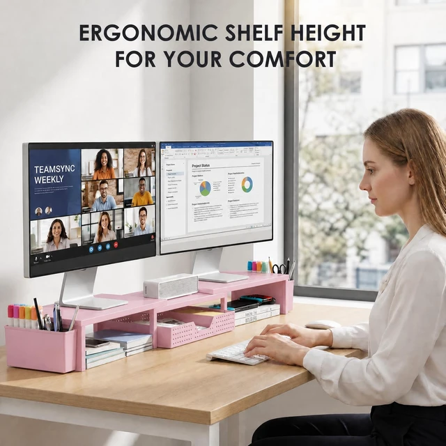 Alt view image 2 of 7 - Desk Organizers and Accessories, Dual Monitor Stand Riser with Drawer and 2 Pen Holders, Desk Shelf Computer Racks & Printer Stand for Office Workspace Organizers, Desktop Organization (Pink)
