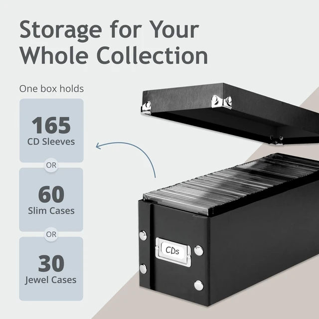 Alt view image 3 of 7 - CD Storage Box, 2-Pack, Holds 165 Sleeved CDs per Box, Black Reinforced corners, chrome label holder, snap assembly, works well as a cd holder and cd organizer, folds flat