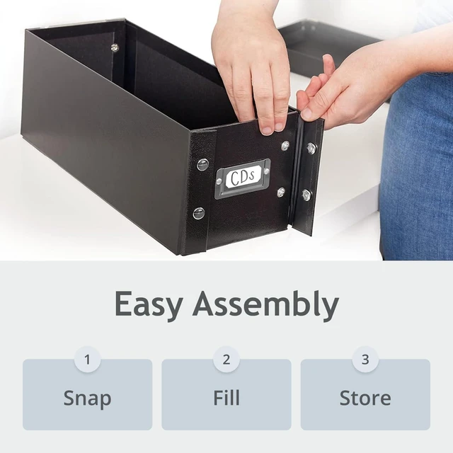 Alt view image 5 of 7 - CD Storage Box, 4-Pack, Holds 165 Sleeved CDs per Box, Black Reinforced corners, chrome label holder, snap assembly, works well as a cd holder and cd organizer, folds flat