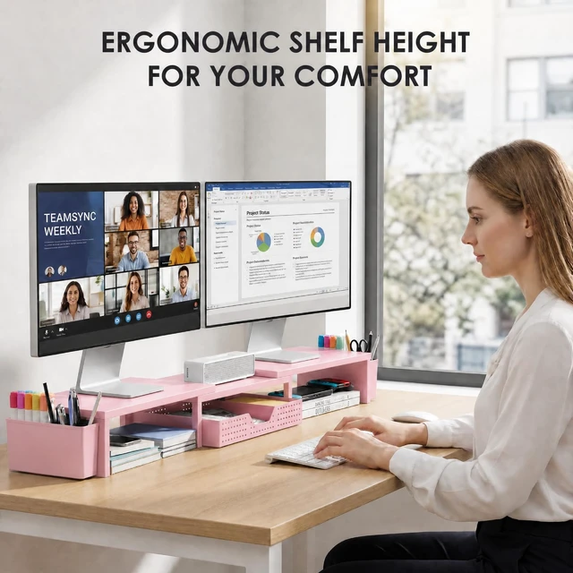 Alt view image 2 of 7 - Desk Organizers and Accessories, Dual Monitor Stand Riser with Drawer and 2 Pen Holders, Desk Shelf Computer Racks & Printer Stand for Office Workspace Organizers, Desktop Organization (Light Pink)