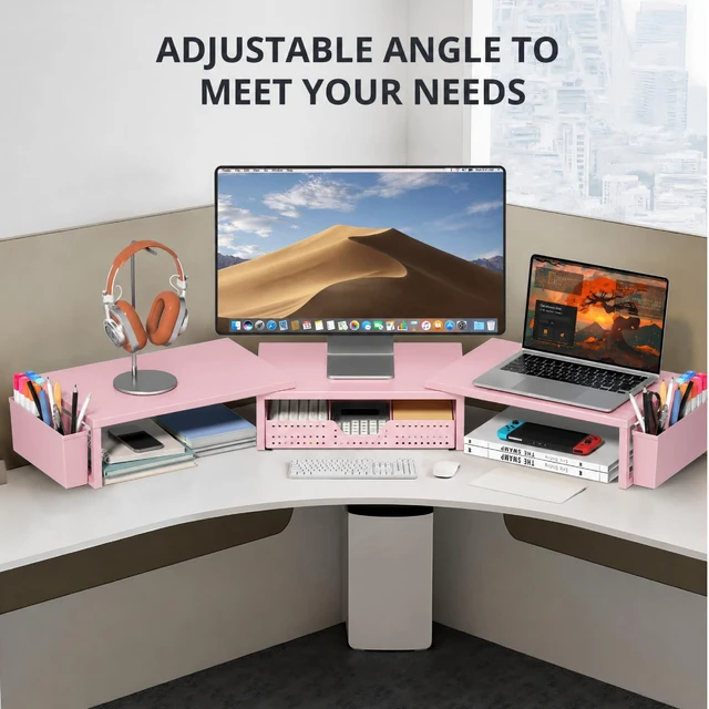 Alt view image 6 of 7 - Desk Organizers and Accessories, Dual Monitor Stand Riser with Drawer and 2 Pen Holders, Desk Shelf Computer Racks & Printer Stand for Office Workspace Organizers, Desktop Organization (Light Pink)