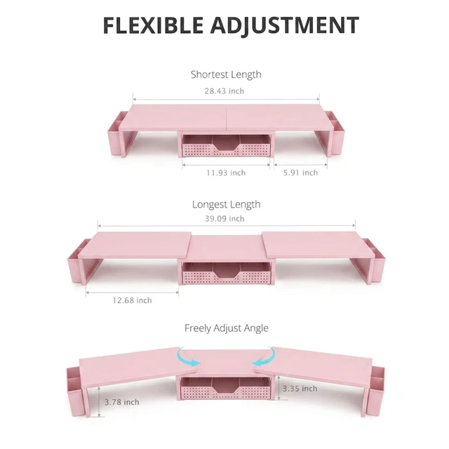 Alt view image 3 of 7 - Desk Organizers and Accessories, Dual Monitor Stand Riser with Drawer and 2 Pen Holders, Desk Shelf Computer Racks & Printer Stand for Office Workspace Organizers, Desktop Organization (Light Pink)