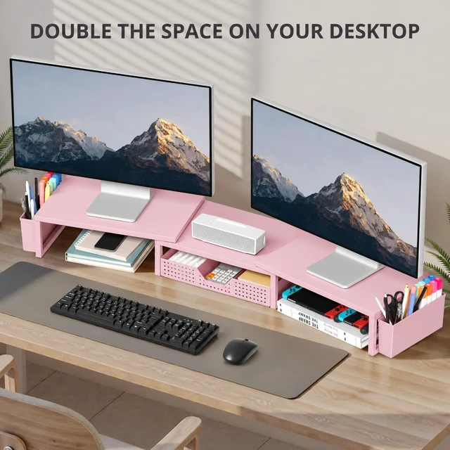 Alt view image 5 of 7 - Desk Organizers and Accessories, Dual Monitor Stand Riser with Drawer and 2 Pen Holders, Desk Shelf Computer Racks & Printer Stand for Office Workspace Organizers, Desktop Organization (Light Pink)