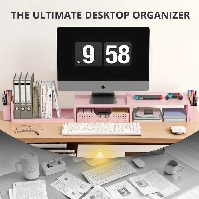 Alt view image 4 of 7 - Desk Organizers and Accessories, Dual Monitor Stand Riser with Drawer and 2 Pen Holders, Desk Shelf Computer Racks & Printer Stand for Office Workspace Organizers, Desktop Organization (Light Pink)