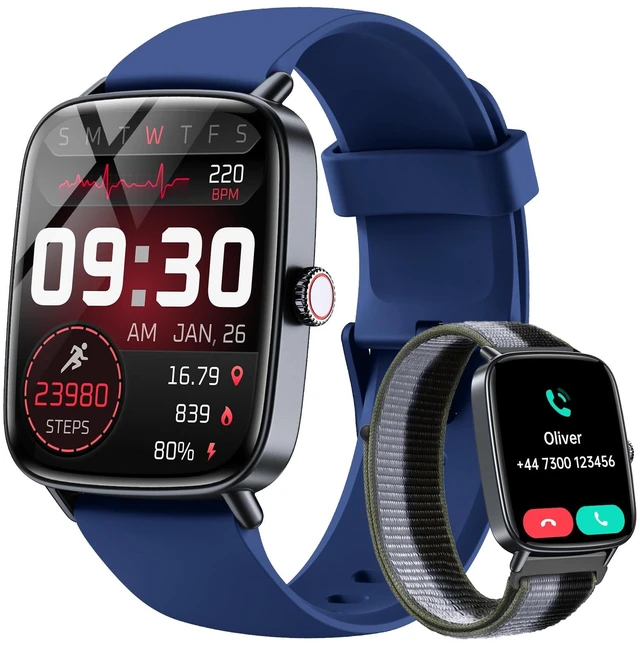 Main image of Smart Watch for Women Men with Calls, 1.85" HD Fitness Tracker, Blue 110+ Sport Modes,Sleep/Heart Rate/Stress Monitor, compatible with iPhone/Android, IP68 Waterproof, 2 Bands