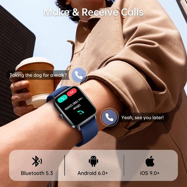 Alt view image 2 of 7 - Smart Watch for Women Men with Calls, 1.85" HD Fitness Tracker, Blue 110+ Sport Modes,Sleep/Heart Rate/Stress Monitor, compatible with iPhone/Android, IP68 Waterproof, 2 Bands
