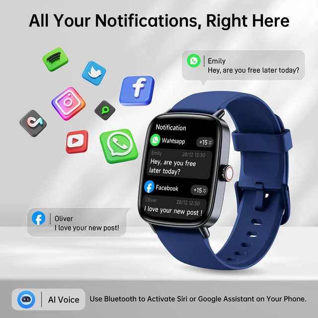 Alt view image 3 of 7 - Smart Watch for Women Men with Calls, 1.85" HD Fitness Tracker, Blue 110+ Sport Modes,Sleep/Heart Rate/Stress Monitor, compatible with iPhone/Android, IP68 Waterproof, 2 Bands