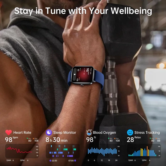 Alt view image 4 of 7 - Smart Watch for Women Men with Calls, 1.85" HD Fitness Tracker, Blue 110+ Sport Modes,Sleep/Heart Rate/Stress Monitor, compatible with iPhone/Android, IP68 Waterproof, 2 Bands