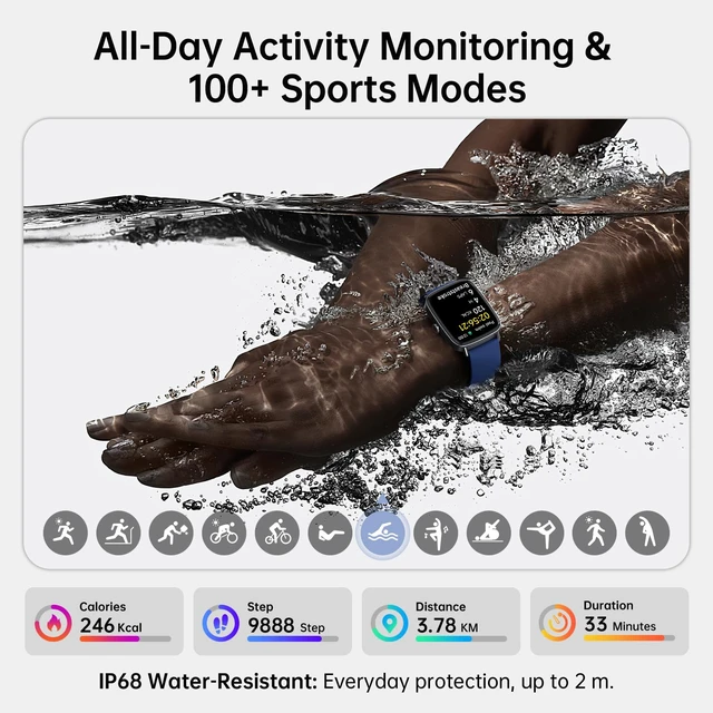 Alt view image 5 of 7 - Smart Watch for Women Men with Calls, 1.85" HD Fitness Tracker, Blue 110+ Sport Modes,Sleep/Heart Rate/Stress Monitor, compatible with iPhone/Android, IP68 Waterproof, 2 Bands