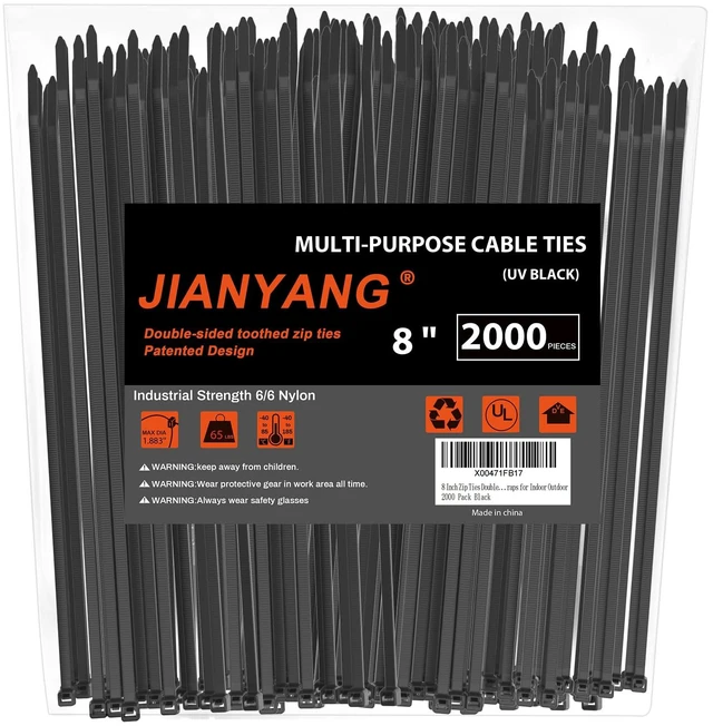 Main image of 8 Inch Zip Ties Double Sided Toothed (Bulk 2X1000 Pack Black),65lbs Tensile Strength Heavy Duty Cable Wire Ties with Self-Locking Adjustable Nylon Tie Wraps for Indoor Outdoor (Patented Design)