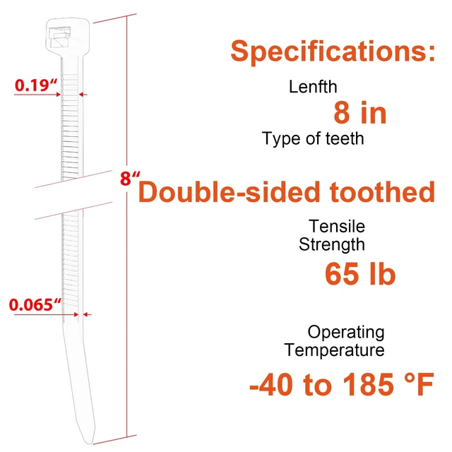 Alt view image 2 of 6 - 8 Inch Zip Ties Double Sided Toothed (Bulk 1000 Pack Black),65lbs Tensile Strength Heavy Duty Cable Wire Ties with Self-Locking Adjustable Nylon Tie Wraps for Indoor Outdoor (Patented Design)