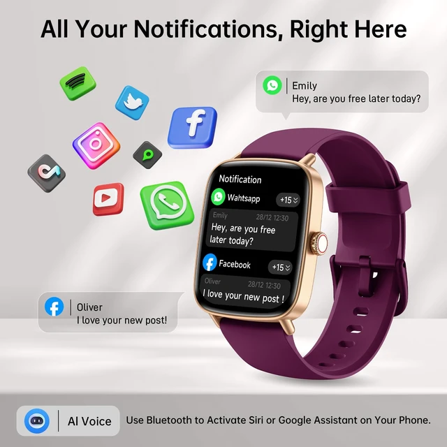 Alt view image 3 of 7 - Smart Watches for Women, 1.85" HD Smart Watch for Android Phones & iPhone Fitness Watches for Women with Call & Notification Alerts, Tracks Heart Rate/Sleep Smartwatches (Dark Purlple, 1.85 inches)