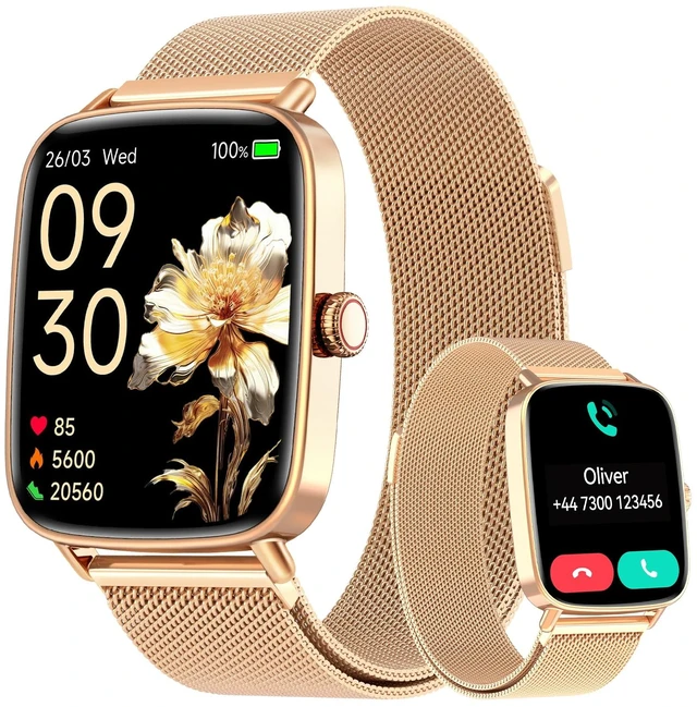 Main image of Smart Watches for Women, 1.85" HD Fitness Tracker with Bluetooth Call 110+ Sports Modes, Heart Rate, Sleep & Stress, IP68 Waterproof, 710 Day Battery, for Android/iPhone, Gold Steel Band