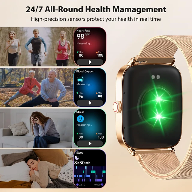 Alt view image 3 of 7 - Smart Watches for Women, 1.85" HD Fitness Tracker with Bluetooth Call 110+ Sports Modes, Heart Rate, Sleep & Stress, IP68 Waterproof, 710 Day Battery, for Android/iPhone, Gold Steel Band