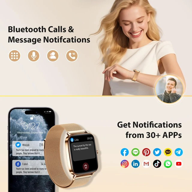 Alt view image 2 of 7 - Smart Watches for Women, 1.85" HD Fitness Tracker with Bluetooth Call 110+ Sports Modes, Heart Rate, Sleep & Stress, IP68 Waterproof, 710 Day Battery, for Android/iPhone, Gold Steel Band