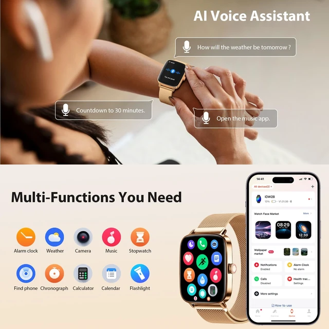 Alt view image 7 of 7 - Smart Watches for Women, 1.85" HD Fitness Tracker with Bluetooth Call 110+ Sports Modes, Heart Rate, Sleep & Stress, IP68 Waterproof, 710 Day Battery, for Android/iPhone, Gold Steel Band
