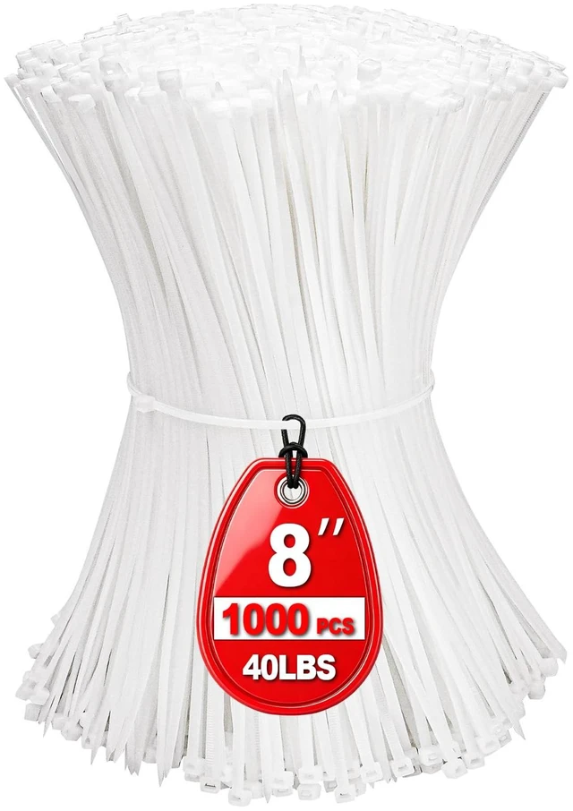 Main image of Zip Ties 8 inch, White Zip Ties 1000 Pack, Self-Locking Cable Ties with 40 Pounds Tensile Strength, Plastic Wire Ties for Indoor and Outdoor Use