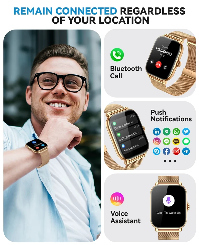 Alt view image 2 of 7 - Smart Watch for Women Men- Answer/Make Call, IP68 Waterproof Fitness Tracker with Sleep Monitor,Smartwatch for Andriod iPhone Compatible (Warm Gold Case w/Champagne & Vintage Gold Band, 1.91)