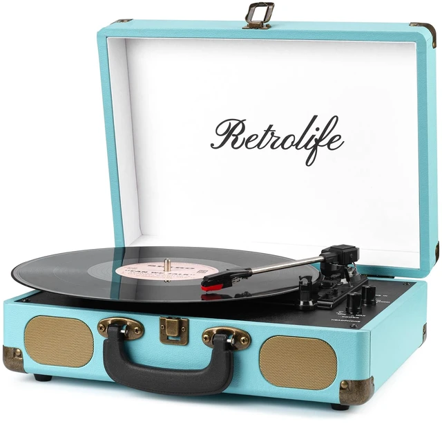 Main image of ® Record Player,3-Speed Bluetooth Suitcase Vinyl Player-Blue Built-in Stereo Speakers, Portable Turntable Plays 7/10/12" Records, 33/45/78 RPM, Bluetooth Streaming, RCA/Headphone Jack