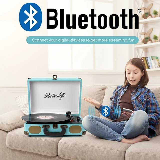 Alt view image 2 of 7 - ® Record Player,3-Speed Bluetooth Suitcase Vinyl Player-Blue Built-in Stereo Speakers, Portable Turntable Plays 7/10/12" Records, 33/45/78 RPM, Bluetooth Streaming, RCA/Headphone Jack