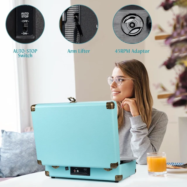 Alt view image 3 of 7 - ® Record Player,3-Speed Bluetooth Suitcase Vinyl Player-Blue Built-in Stereo Speakers, Portable Turntable Plays 7/10/12" Records, 33/45/78 RPM, Bluetooth Streaming, RCA/Headphone Jack