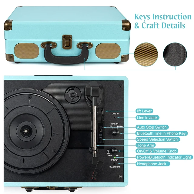 Alt view image 4 of 7 - ® Record Player,3-Speed Bluetooth Suitcase Vinyl Player-Blue Built-in Stereo Speakers, Portable Turntable Plays 7/10/12" Records, 33/45/78 RPM, Bluetooth Streaming, RCA/Headphone Jack