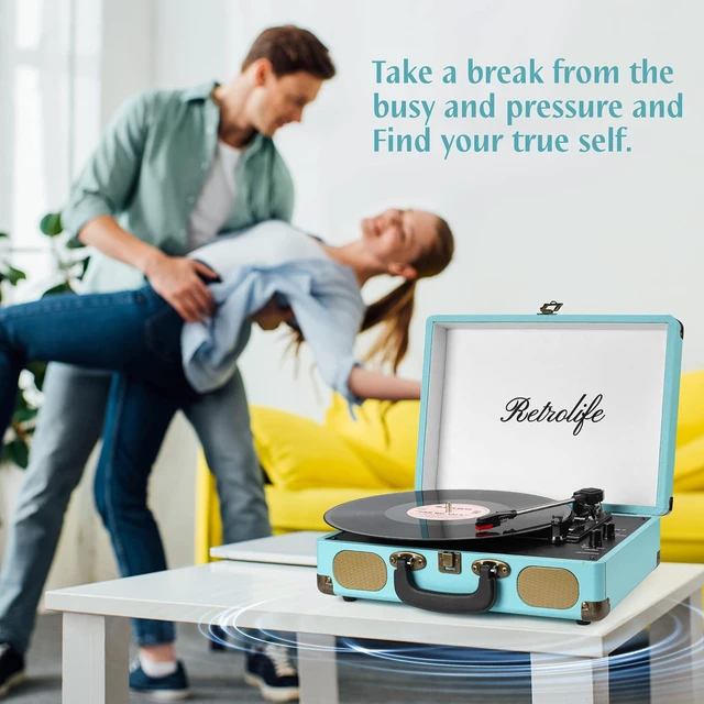 Alt view image 6 of 7 - ® Record Player,3-Speed Bluetooth Suitcase Vinyl Player-Blue Built-in Stereo Speakers, Portable Turntable Plays 7/10/12" Records, 33/45/78 RPM, Bluetooth Streaming, RCA/Headphone Jack