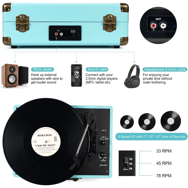Alt view image 5 of 7 - ® Record Player,3-Speed Bluetooth Suitcase Vinyl Player-Blue Built-in Stereo Speakers, Portable Turntable Plays 7/10/12" Records, 33/45/78 RPM, Bluetooth Streaming, RCA/Headphone Jack