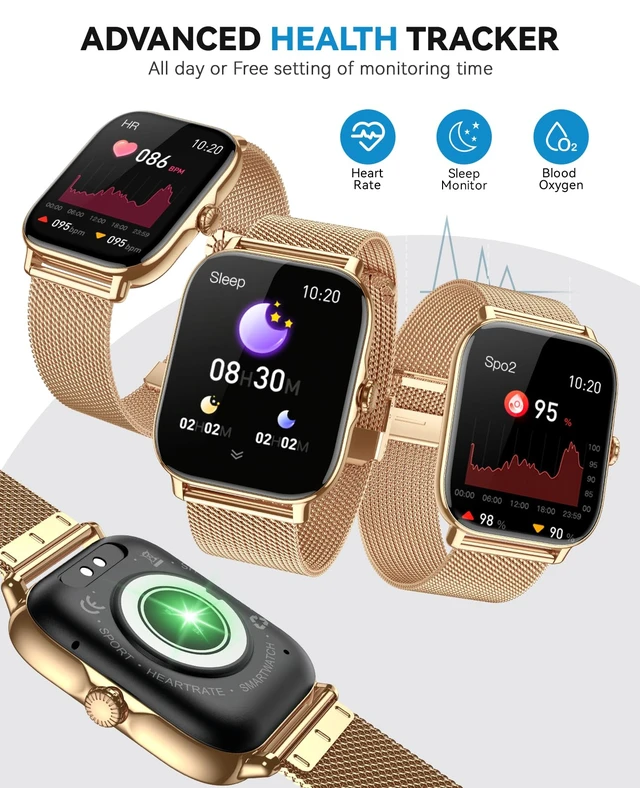 Alt view image 4 of 7 - Smart Watch for Women Men- Answer/Make Call, IP68 Waterproof Fitness Tracker with Sleep Monitor,Smartwatch for Andriod iPhone Compatible (Warm Gold Case w/Champagne & Vintage Gold Band, 1.91)