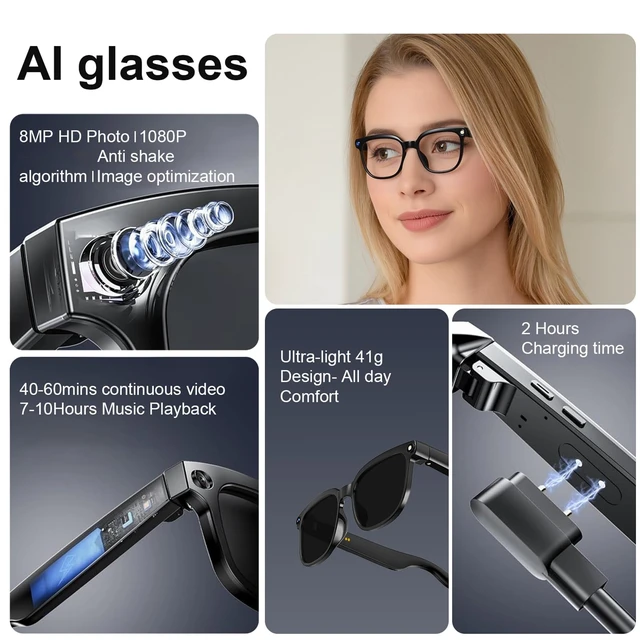 Alt view image 5 of 7 - AI Smart Glasses with Camera, 4K Video & Real-Time Translation Bluetooth glasses with object recognition and open-ear speakers designed for meetings, travel, learning and daily lifestyle