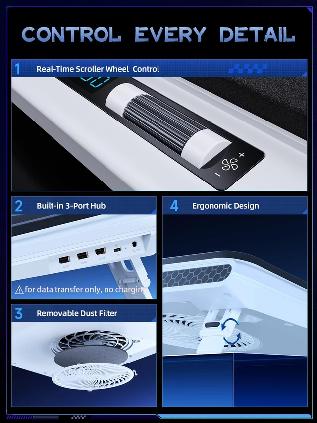 Alt view image 4 of 7 - V12 Gaming Laptop Cooling Pad Laptop Cooler Laptop Cooling Fan Stand 5.5 Inch Turbofan, Airtight Pressure Chamber, for 15.6-19in Laptop, Adjustable Speed, Dustproof, 3-Port Hub, White (No RGB)