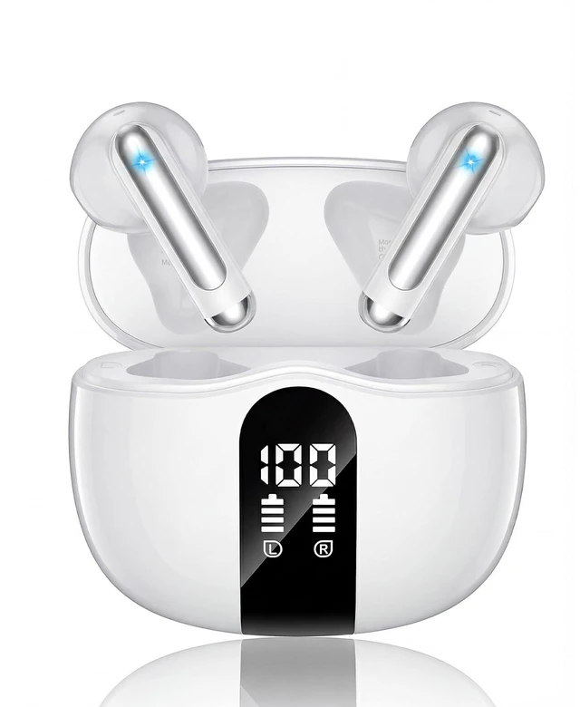 Main image of Wireless Earbuds, 2026 Bluetooth 5.4 Headphones Bass Stereo Ear Buds with Noise Cancelling Mic, LED Display in Ear Earphones 50H Playtime Ear Buds, IP7 Waterproof for Laptop Pad Phones White