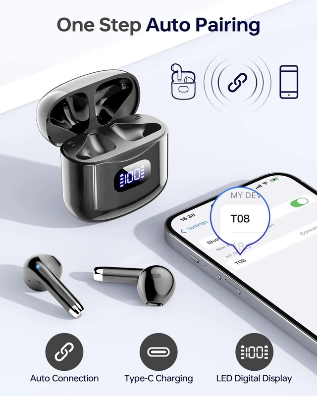 Alt view image 6 of 7 - Wireless Earbuds Bluetooth 5.3 Ear Buds Headphones, 40Hrs Playback Stereo Sound, LED Display, IPX7 Waterproof, Compact In-ear Earphones with Mic for Phone Tablet Laptop Sport, Obsidian