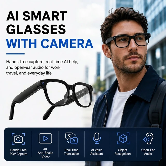 Alt view image 2 of 7 - AI Smart Glasses with Camera, 4K Anti-Shake Video & Photo Capture Real-Time Translation, Object Recognition, AI Assistant, Open-Ear Audio, Smart Glasses with Camera and Bluetooth, Black
