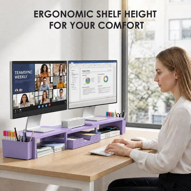 Alt view image 2 of 7 - Desk Organizers and Accessories, Dual Monitor Stand Riser with Drawer and 2 Pen Holders, Desk Shelf Computer Racks & Printer Stand for Office Workspace Organizers, Desktop Organization (Purple)