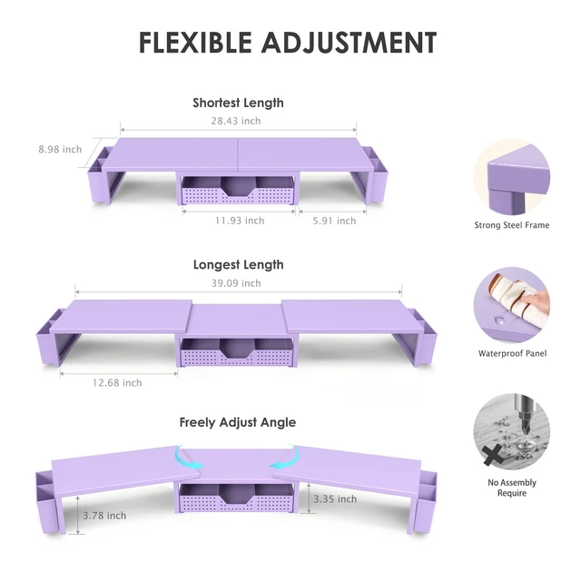 Alt view image 3 of 7 - Desk Organizers and Accessories, Dual Monitor Stand Riser with Drawer and 2 Pen Holders, Desk Shelf Computer Racks & Printer Stand for Office Workspace Organizers, Desktop Organization (Purple)