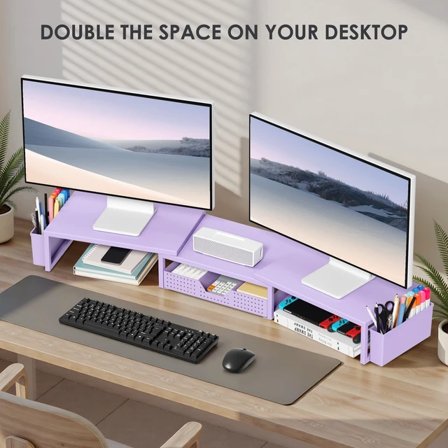 Alt view image 4 of 7 - Desk Organizers and Accessories, Dual Monitor Stand Riser with Drawer and 2 Pen Holders, Desk Shelf Computer Racks & Printer Stand for Office Workspace Organizers, Desktop Organization (Purple)