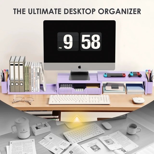 Alt view image 5 of 7 - Desk Organizers and Accessories, Dual Monitor Stand Riser with Drawer and 2 Pen Holders, Desk Shelf Computer Racks & Printer Stand for Office Workspace Organizers, Desktop Organization (Purple)