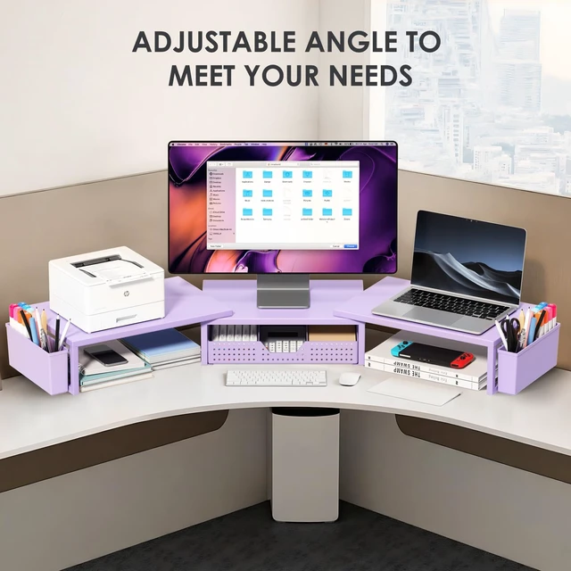 Alt view image 6 of 7 - Desk Organizers and Accessories, Dual Monitor Stand Riser with Drawer and 2 Pen Holders, Desk Shelf Computer Racks & Printer Stand for Office Workspace Organizers, Desktop Organization (Purple)