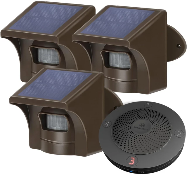 Main image of Solar Wireless Driveway Alarm, 1 Plug-in Receiver & 3 Sensors 1/2 mile wireless range, no APP, 3 weatherproof solar sensors coverage multi-zone for farm, driveway and property security