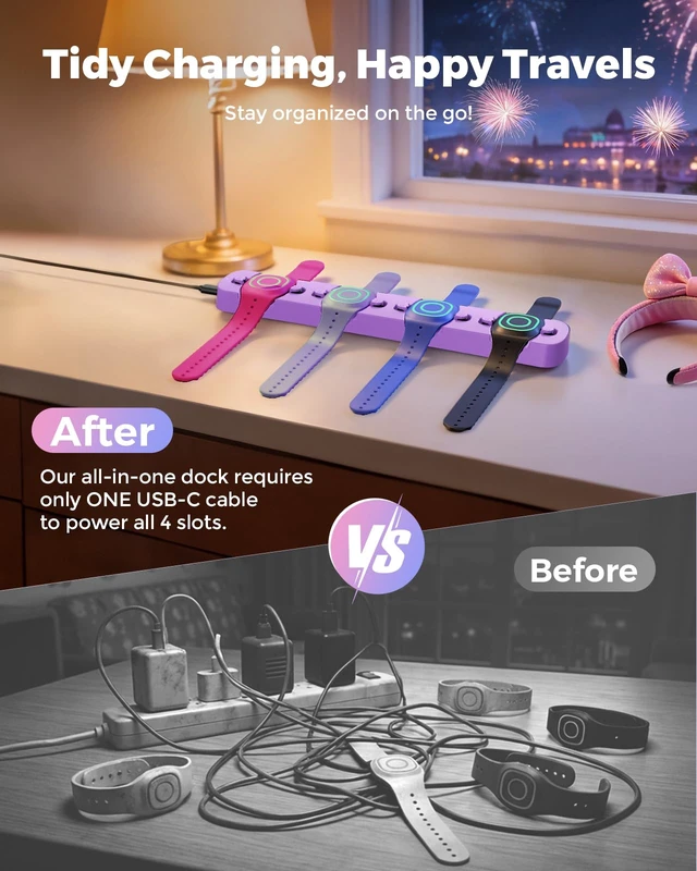 Alt view image 2 of 7 - Charging Station for MagicBand+ Plus Magic Band, 4-in-1 Charger Portable for Disneyland MagicBand Plus, 90 Min Full Charging Dock for Magic Band+ Disney-World Family (Purple, 4-Slot)