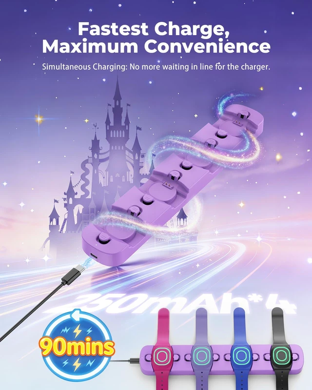 Alt view image 4 of 7 - Charging Station for MagicBand+ Plus Magic Band, 4-in-1 Charger Portable for Disneyland MagicBand Plus, 90 Min Full Charging Dock for Magic Band+ Disney-World Family (Purple, 4-Slot)