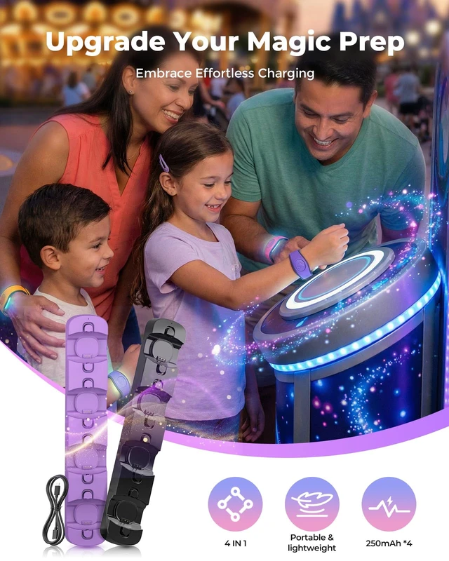 Alt view image 7 of 7 - Charging Station for MagicBand+ Plus Magic Band, 4-in-1 Charger Portable for Disneyland MagicBand Plus, 90 Min Full Charging Dock for Magic Band+ Disney-World Family (Purple, 4-Slot)