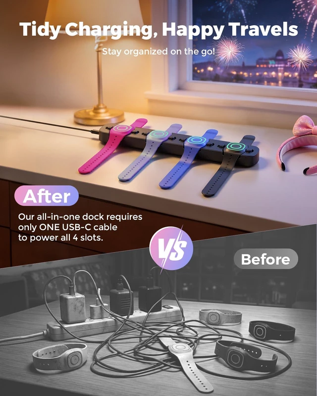 Alt view image 2 of 7 - Charging Station 4-in-1 for MagicBand+ Plus, Magicband Dock, Black 4-Slot Charger for Disneyland MagicBand Plus, 90 Min Full Charging Dock for Magic Band Disney-World Family, Travel Essentials