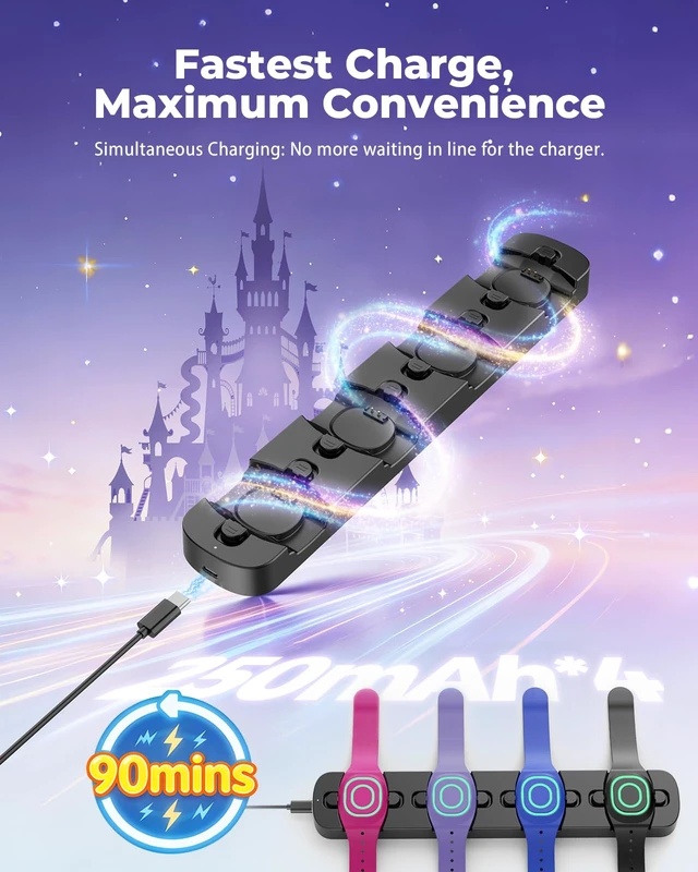 Alt view image 4 of 7 - Charging Station 4-in-1 for MagicBand+ Plus, Magicband Dock, Black 4-Slot Charger for Disneyland MagicBand Plus, 90 Min Full Charging Dock for Magic Band Disney-World Family, Travel Essentials